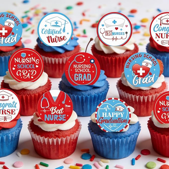 48pcs Edible 2026 Nurse Graduation Cupcake Toppers Wafer Paper Congrats Grad Nurse Cake Decorations Edible Class of 2026 Cupcake Picks for 2026 Graduation Theme Party Cake Decor Supplies