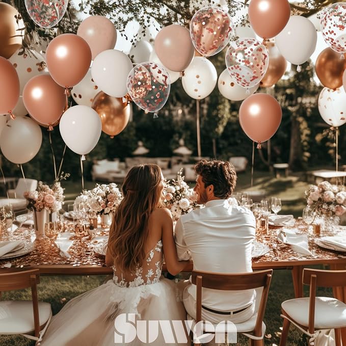 SUWEN 60PCS Metallic Rose Gold Confetti Balloons Set Latex Helium Chrome Rose Gold Balloon for Birthday Wedding Bridal Shower Anniversary Party Decorations