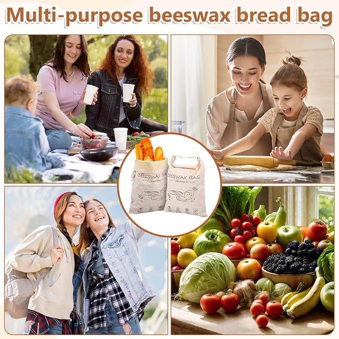 2-Pack 13x17 Inch Reusable Beeswax Bread Bags XL Linen Food Storage Bag for Sourdough & Homemade Bread, Freezer Safe, Eco-Friendly