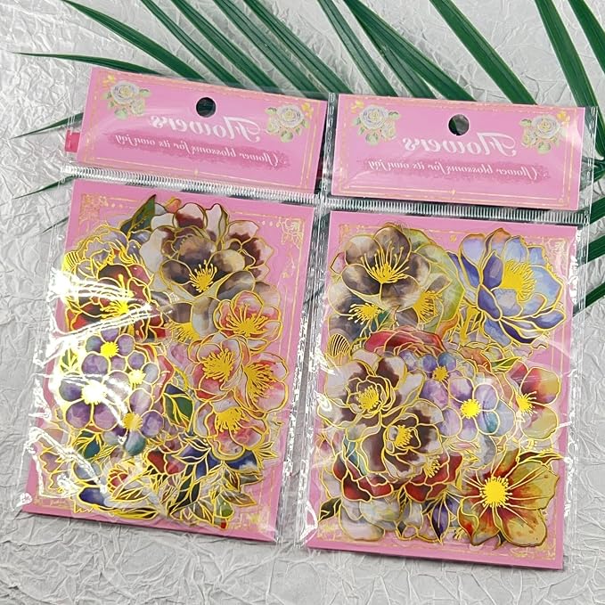 50Pcs Transparent Gilded Elegant Floral Scrapbook Stickers Pack, Vintage Aesthetic Flowers Stickers for Scrapbook Journal, PET Waterproof for Water Bottles Laptop Phone Scrapbook Supplies DIY Crafts