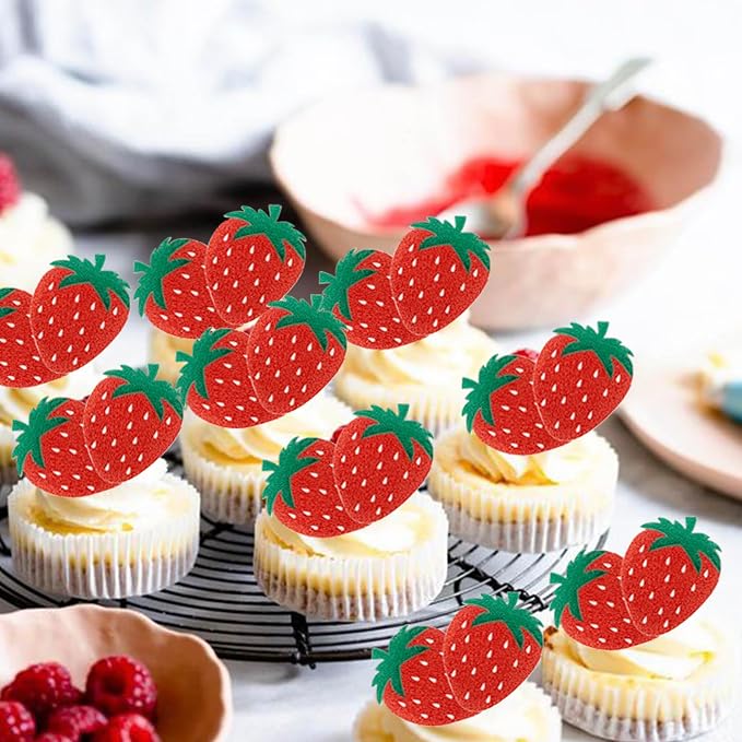 60 Pack Edible Sweet Strawberry Cupcake Toppers Rice Paper Wafer Paper First Birthday Strawberry Cake Picks for Fruit Baby Shower Berry Sweet Kids Birthday Cake Decorations