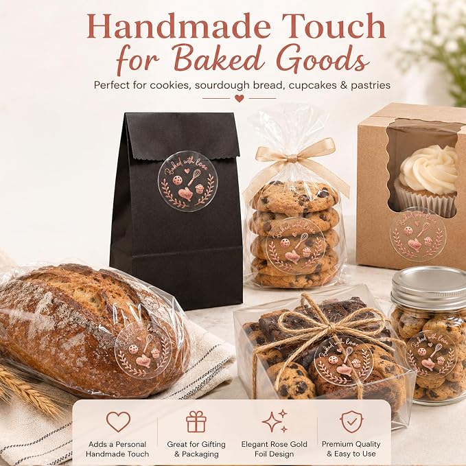 100 Baked with Love Stickers, Bakery Stickers, Baking Stickers & Cookie Stickers for Homemade Treats, Sourdough Bread, Pastry Packaging, Clear Rose Gold Foil Labels for Small Business, 1.6''