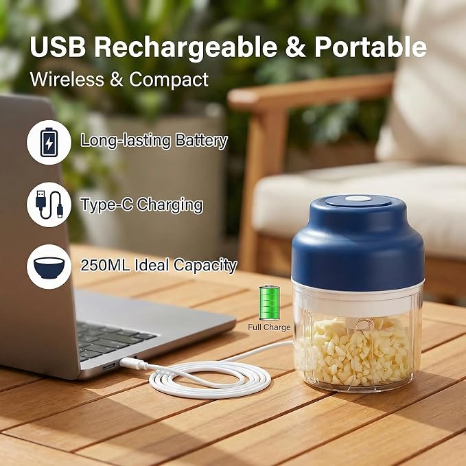 2026 New Electric Garlic Chopper, Mini Portable Veggie Chopper USB Charging Wireless Food Processor, Upgrade Electric Mini Garlic Chopper Set Wireless Veggie Grinder (Blue, 350ML)