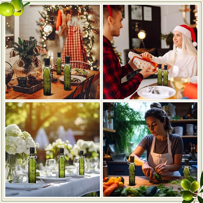 Reallnaive 12 Sets 8 oz Glass Olive Oil Bottles Empty Sauce Condiment Bottles with Tags and Twine and Funnel for Storing Homemade Oil Christmas Wedding Baby Shower Gifts(Olive Leaf, Dark Green)