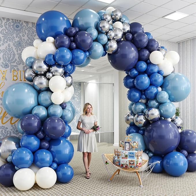 412Pcs Blue Balloon Arch Kit,5 10 12 18 inch Blue Balloon Garland with Metallic Dark Blue Silver Balloons for Baby Shower Graduation Birthday Wedding Party Decorations