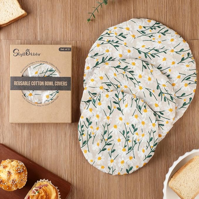 Reusable Bowl Covers for Bread Proofing Baking Embroidered Daisy Linen Cotton Cloth Fabric Washable with Elastic Cover for Food Fruit Salad Eco-friendly (Beige Daisy Field)