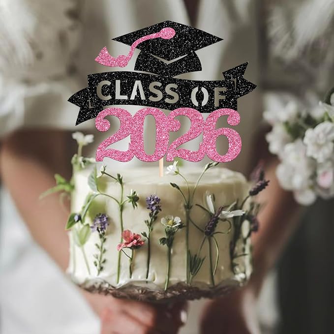 1 Pack Class of 2026 Cake Toppers Graduation Girl Cake Picks Glitter 2026 Graduation Cake Decorations for Theme High School Girls Graduate Cake Decorations Party Supplies Pink