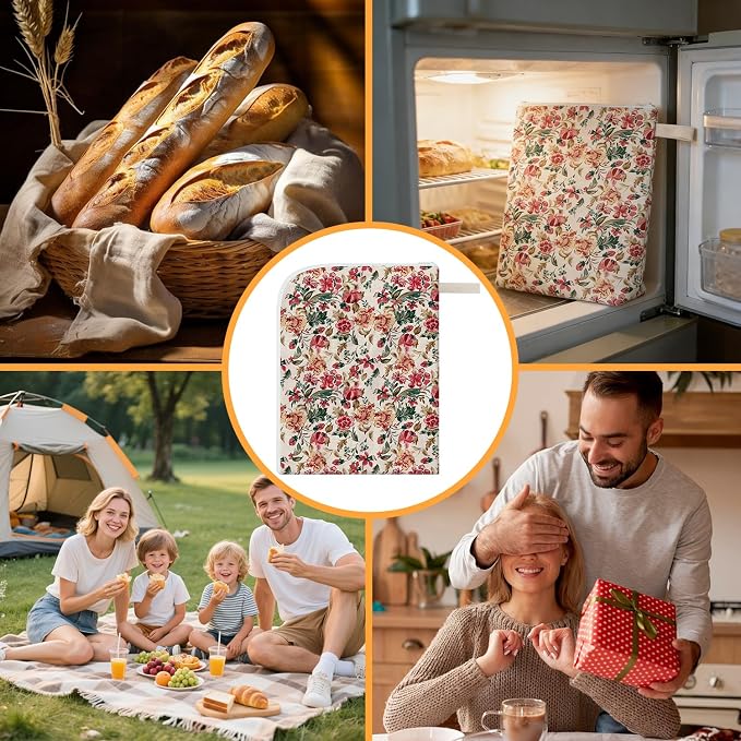 2-Pack Beeswax Lining Bread Bags for Bread Freshness 13"x17" | Reusable Beeswax Bread Bag for Sourdough, Floral Bees wax Bread Bags for Homemade Bread with Zipper