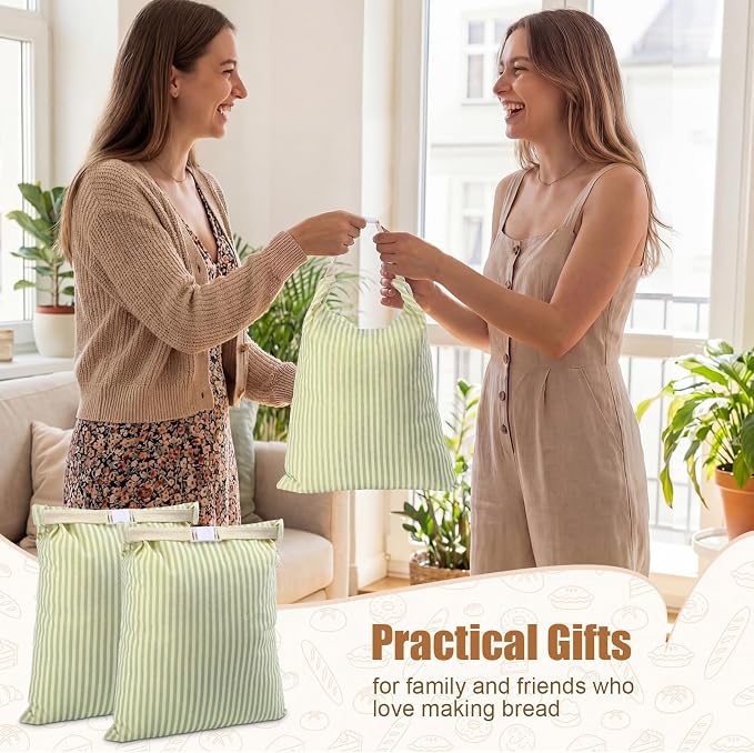 2 Pack Reusable Striped Bread Bags Set with Drawstring Cotton Linen Food Storage Bags for Homemade Bread & Sourdough 17"x 13" Lined Food Bag Cover Keep Loaves Fresh Longer(Green Stripes)