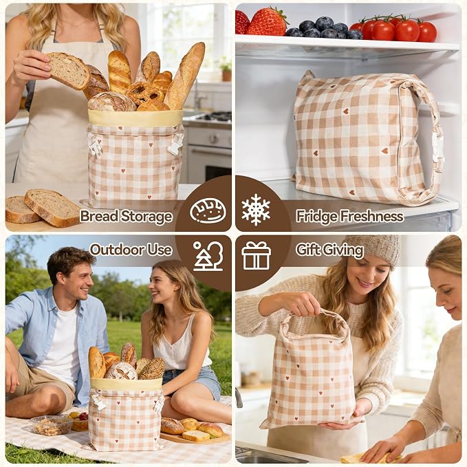 Beeswax Bread Bag for Sourdough, 1 pc Reusable Beeswax Bread Bag for Homemade Sourdough, XL Natural Cotton and Linen Food Storage Bag for Picnics, Pantry, Long-Lasting Freshness (Checkered Pattern)