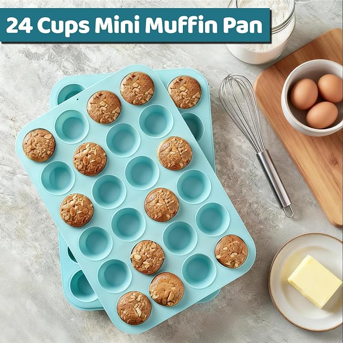 CAKETIME Silicone Mini Muffin Pan, 24 Cups Nonstick Mini Cupcake Pan for Baking Muffin, Cupcake, Egg Bites, Fat Bomb, Light Blue