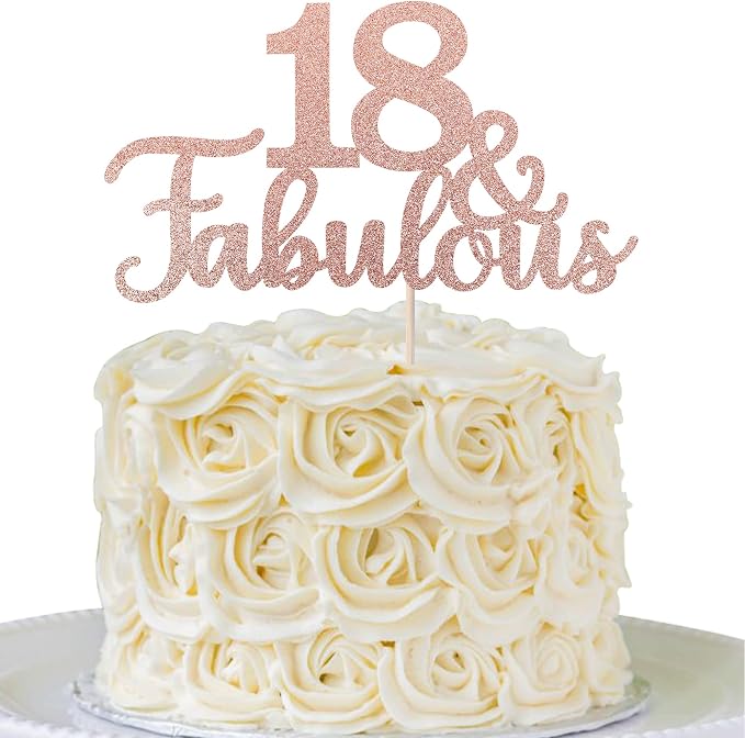 1 PCS 18 & Fabulous Cake Topper Glitter Eighteen and Fabulous Cake Toppers Happy 18th Birthday Cake Pick for 18th Wedding Anniversary Birthday Party Cake Decorations Supplies Rose Gold
