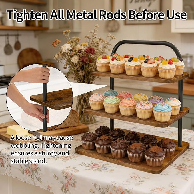 Cupcake Stand, 3 Tier Large Cupcake Stand Rustic Stepped Cupcake Display Stand Square Wood Dessert Table Display Set Cupcake Tower Tiered Tray Stand for Wedding Birthday Graduation