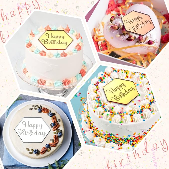 Qunclay 30 Pcs Happy Birthday Acrylic Cake Toppers, Mirror Acrylic Cupcake Toppers, 3 Multi-shape & Gold Rose Gold Silver Cupcake Picks for Birthday Party Pastries Decor DIY Supplies(Hexagon)