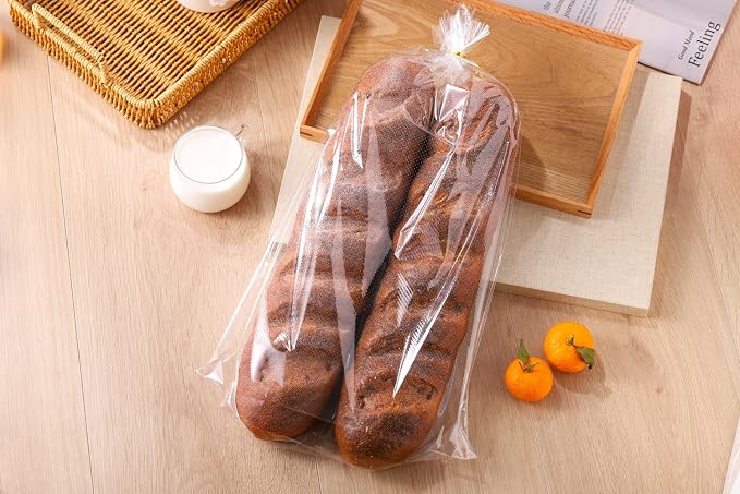 11 x 18 Inch French Bread Bags, 100 Clear Plastic Baugette Long Bags With Free Twist Ties - Mirco Perforated, Thickened, Freezer Safe, Disposable