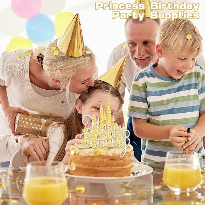 2Pcs Gold Princess Cake Toppers Silver Happy Birthday Cake Toppers Glitter Party Picks for Girls Princess Birthday Party New Year Supplies