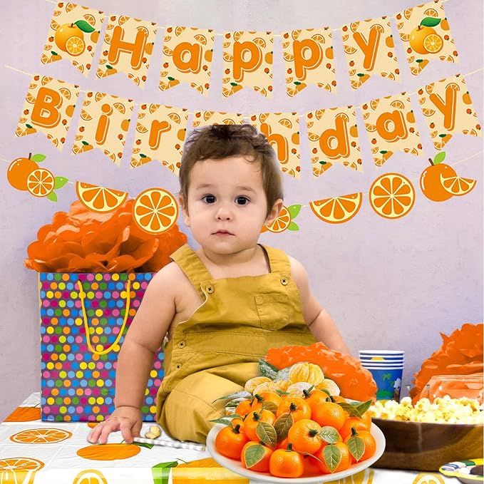 Zwiebeco Orange Happy Birthday Party Decorations Sign Banner Bunting Garland Hanging Paper Kit for Girl Women Kid Adult Summer Fruit Themed Accessories Supplies
