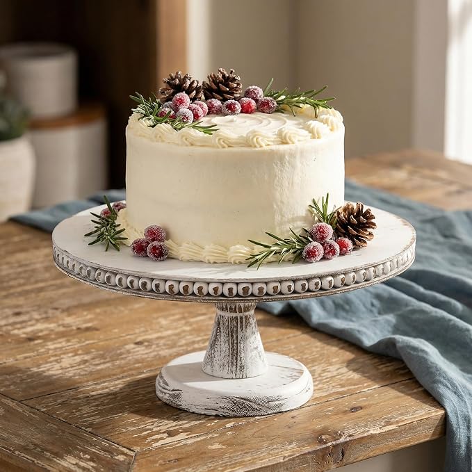 Peohud 12 Inch White Wood Cake Stand, Round Cupcake Pedestal Stand with Beads, Distressed Dessert Display Riser Tray for Wedding Birthday Christmas Party Table Decor