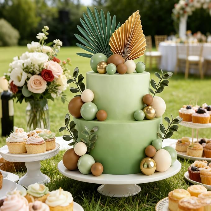 38 PCS Balls Cake Toppers Palm Leaves Cake Decorations for Birthday Wedding Baby Shower Party Supplies Mother's Day (Sage Green)
