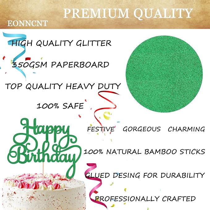 Happy Birthday Cake Topper - Green Glitter Birthday Party Cake Decoration Supplies, Photo Booth Props