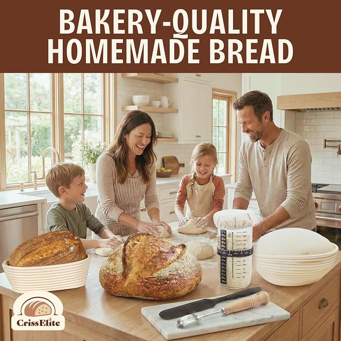 Sourdough Starter Kit – Complete Sourdough Bread Baking Supplies with 24oz Glass Sourdough Starter Jar, 9” Round & 10” Oval Banneton Proofing Basket Set, Sourdough Tools – Artisan Gift for Bakers