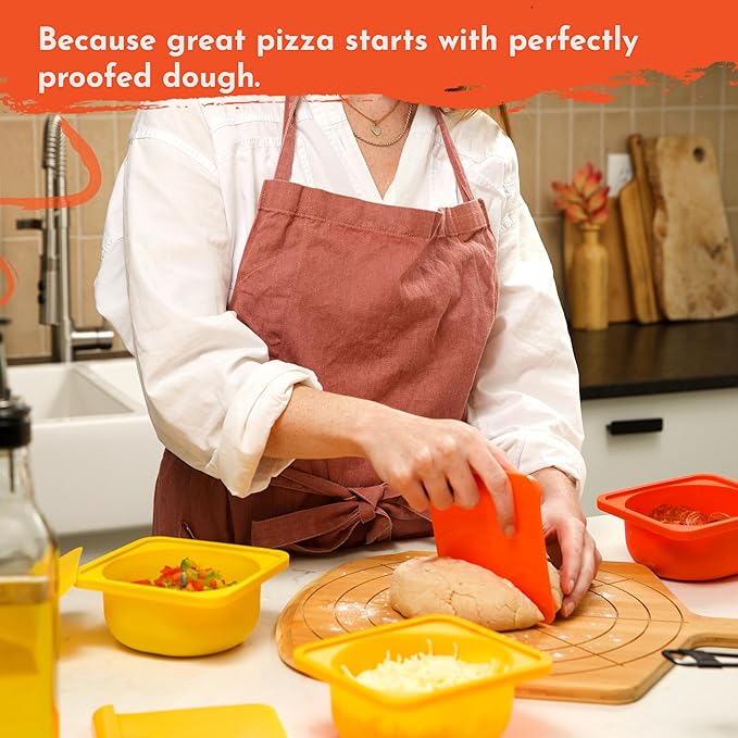 Red 2 Pack 500ml Pizza Dough Proofing Containers With Lids - Silicone Pizza Dough Proofing Box With Built-In Dough Cutter and Measurement Marks, Stackable, Dishwasher, Fridge & Freezer Safe