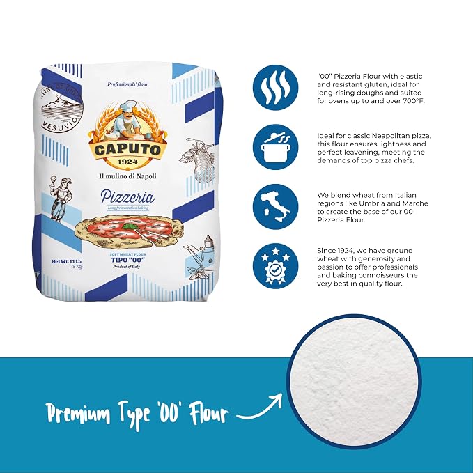Antimo Caputo Pizzeria Flour Blue, 11 Pound (5Kg) Bag - Italian 00 Flour - Soft Wheat for Pizza Dough - Makes that Perfectly Elastic, Chewy, Crispy Bubble Neapolitan Pizza