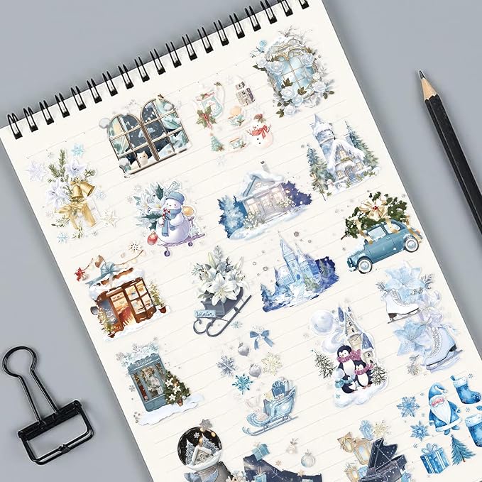 50 Pcs PET Transparent Cartoon Winter Stickers, Waterproof Vinyl Winter-Themed Decals for Laptop Skateboard Luggage, Snowy Scene Stickers Gift for Kids Teens Adults (Winter Day)