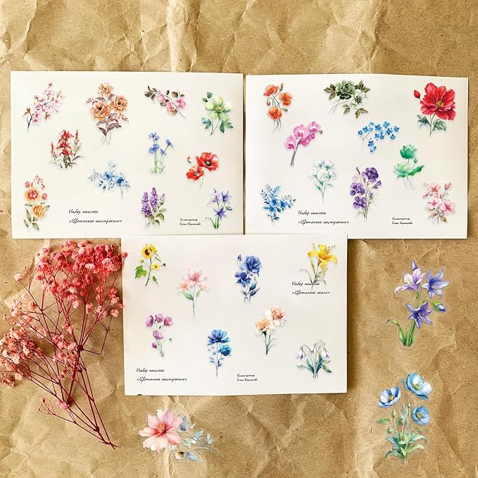 Transparent Watercolor Floral Stickers - 50PCS Aesthetic Flower Stickers Waterproof PET Decals for Journaling, Scrapbooking, Water Bottles, Laptops, Perfect for Plant Lovers & Craft Enthusiasts