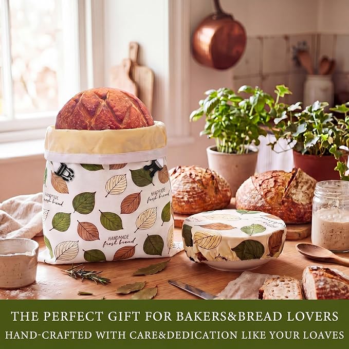 2 Pack Reusable Beeswax Bread Bags for Homemade Sourdough XL 17x13 Inch Beeswax Bread Bags for Storage Large Linen Bowl Cover Keeping Fresh Longer Safe Storage(Bodhi Leaf)