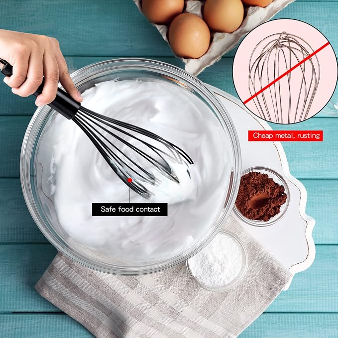 TEEVEA Silicone Whisk Set Non Scratch BPA Free for Nonstick Cookware, 3 Piece 8/10/12 Inch Stainless Steel Core Heat Resistant, Egg Beater for Cooking Baking, Black