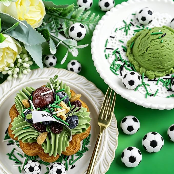 Soccer Sprinkles for Cake Decorating - 10Pcs Edible Soccer Balls & Black Green White Jimmies Sprinkles for Baking, Cupcakes, Cookies & Ice Cream Toppings, World Cup Sprinkles