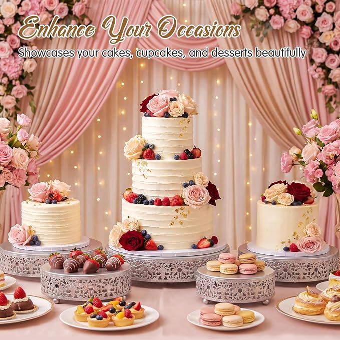 Wenqik 5 Pcs Metal Silver Cake Stand 16/14/12/10/8 Inch Round Cake Holder Display for Dessert Table Cookies Fruit Serving Tray Cupcake Pastry Riser for Wedding Birthday Party and Events