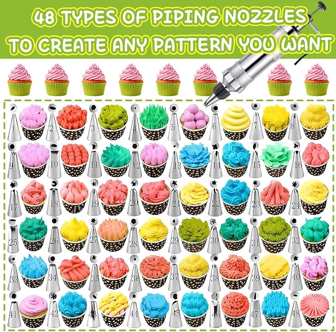 NOVANO Dessert Decorating Syringe Set, Black | Frosting Piping Kit, Stainless Steel, 54 Piping Tips, 9 Silicone Cupcakes