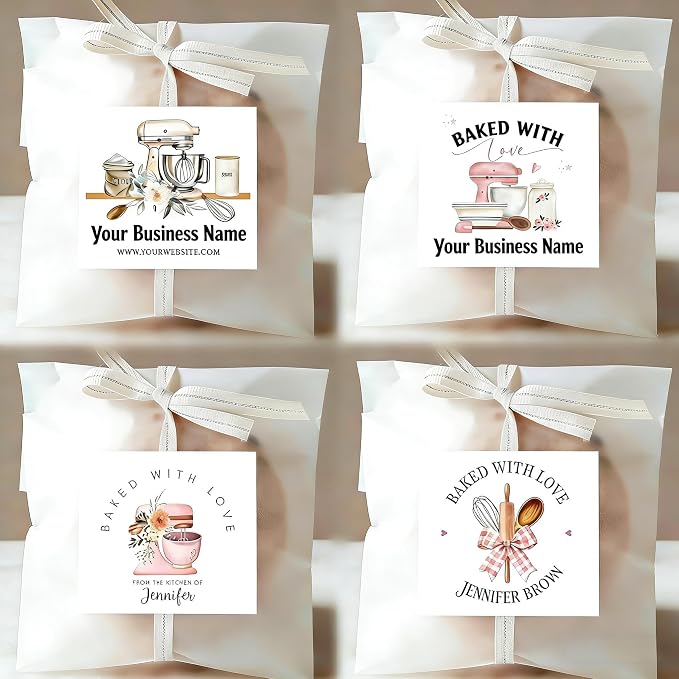 120-1000 Pack Personalized Bakery Labels,Custom Baked with Love Stickers for Homemade Goods,Branding, Packaging,Gift, Custom Cookie Business Stickers, Multiple Sizes (Square)