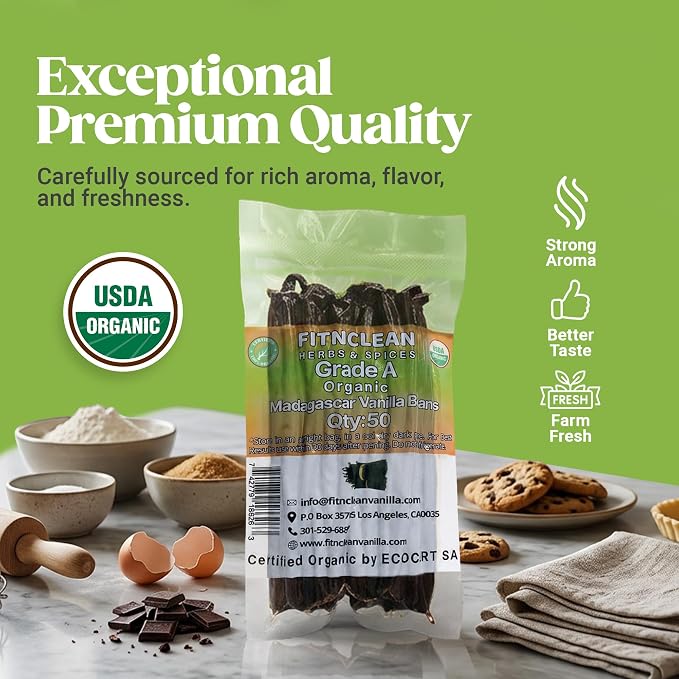 50 Organic Grade A Madagascar Vanilla Beans. Certified USDA Organic for Extract and All Things Vanilla. ~5" by FITNCLEAN VANILLA. Bulk Fresh NON-GMO Pods.