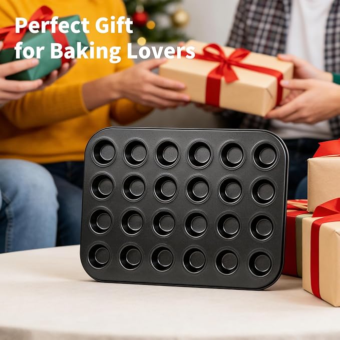 2 Pack 24-Cup Mini Muffin Pan, Heavy-Duty Carbon Steel Nonstick Baking Pan, 1.26” Extra Small Size Cups, Compact 10.43” x 7.28” Design, Oven & Dishwasher Safe (Black)