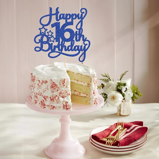 1 Pack Happy 16th Birthday Cake Topper Glitter Sweet 16 Cake Pick Birthday 16th Birthday Cake Decorations for Children 16th Theme Party Supplies Blue