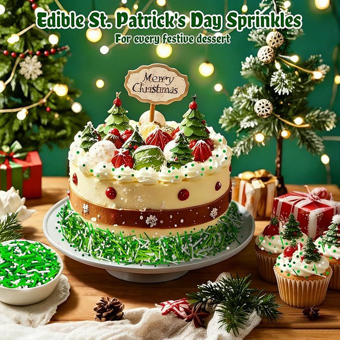 LEBERY St. Patrick's Day Sprinkles 8 Oz Green Sprinkles for Cake Decorating | White Green Jimmies Edible Mini Sugar Pearls Sprinkles Sweet Luck Sprinkle St. Patrick's Day Christmas Cake Cupcake Toppings
