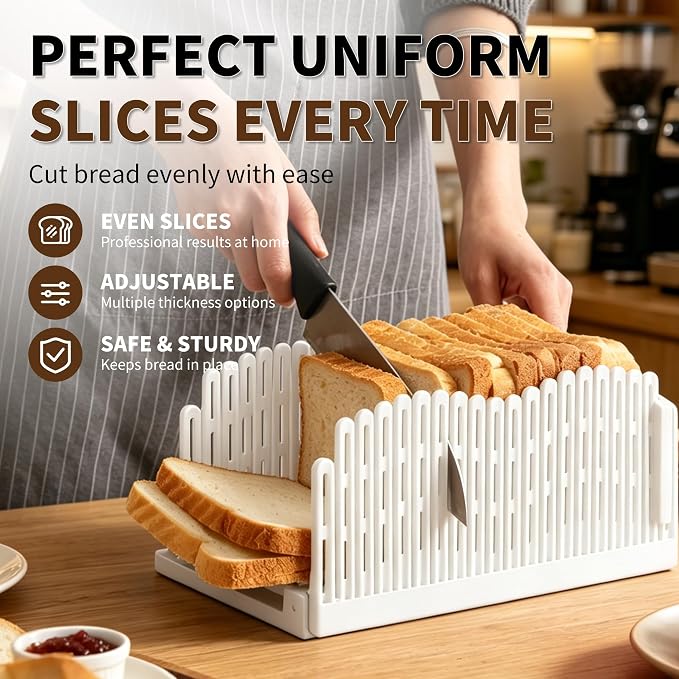 Bread Slicer for Homemade Bread, Foldable Compact with Adjustable Width | Bread Slicer with Scale Markings, Non-Slip Pad, Seamless Crumb Tray, For Home Bakers & Cooking Enthusiasts, Easy Storage