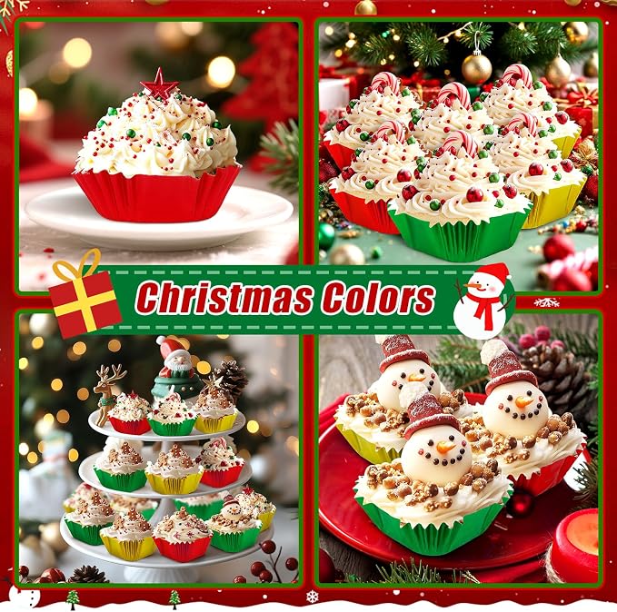 SANNIX 450Pcs Christmas Foil Metallic Cupcake Liner Baking Cups, Muffin Tins Treat Cups Foil Metallic Cupcake Liners for Christmas Party Birthdays Baby Showers, Standard Size (Red, Green, Gold)