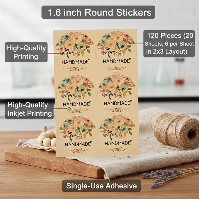 120PCS Handmade Kraft Stickers Handmade with Love Floral Bouquet Stickers Packaging Labels