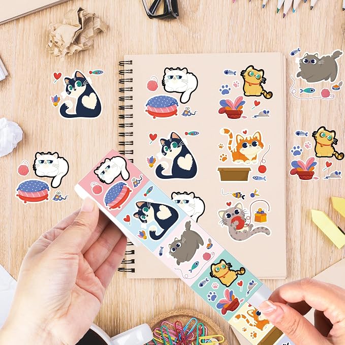 Cute Cat Stickers Roll - 300 Pcs Cartoon Cat Stickers, Fun Animals Sticker for Scrapbook Journal Water Bottle Laptop, Waterproof Decals for Women