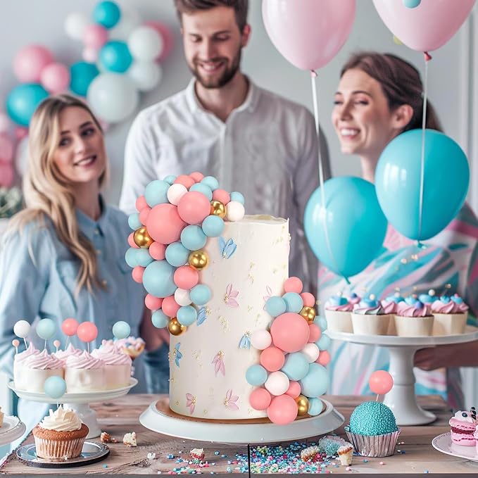 56 PCS Ball Cake Picks Colorful Ball Shaped Cake Topper Pearl Balls Cupcake Cake Insert Topper for Birthday Party Wedding Decoration Supplies Blue Pink Series Four Colors