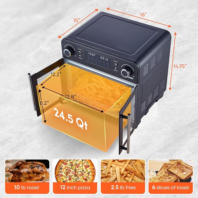 Elite Gourmet EAF9010B All Steel Exterior, 24.5Qt. French Door Air Fryer Convection Countertop Oven, 12" Pizza Extra Large Capacity, Temperature + Timer Controls, Bake, Toast, Broil, Air Fry, Black
