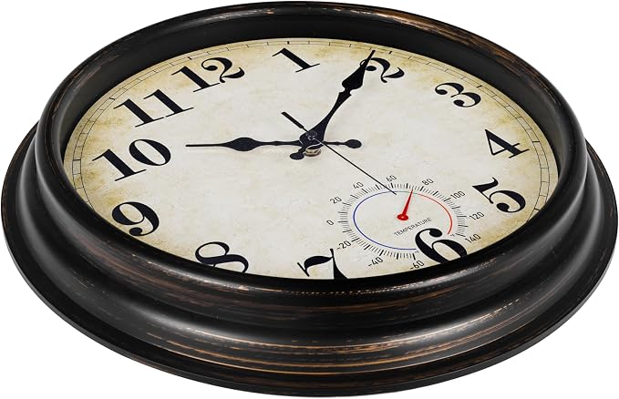 Large Outdoor Clocks Waterproof with Thermometer Combo Vintage Wall Clock Decor for Bathroom Patio Pool Garden(16 Inch)
