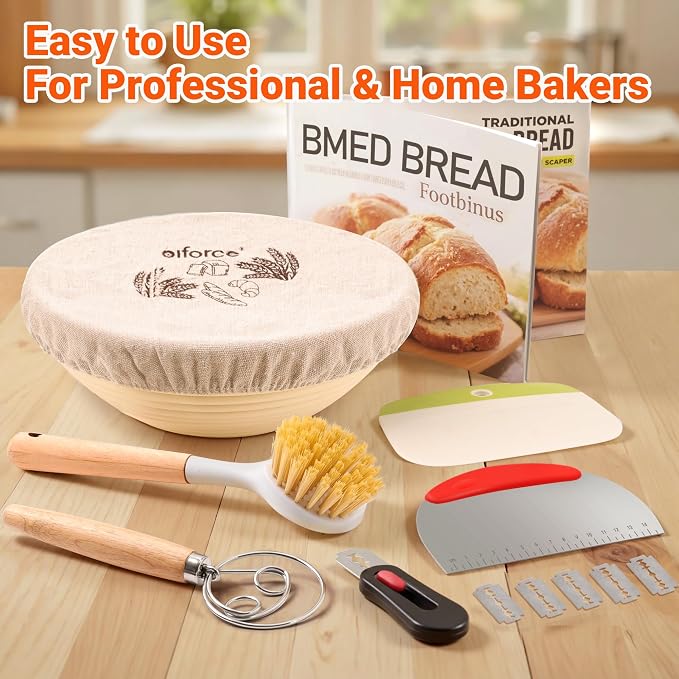 Banneton Bread Baskets,10"Round &11"Oval Proofing Basket with Liners & Covers,Bread Lame,Dough Whish,Brush,Bowl Scraper and Stainless Steel Scraper, for Home & Professional Bakers Baking Tool
