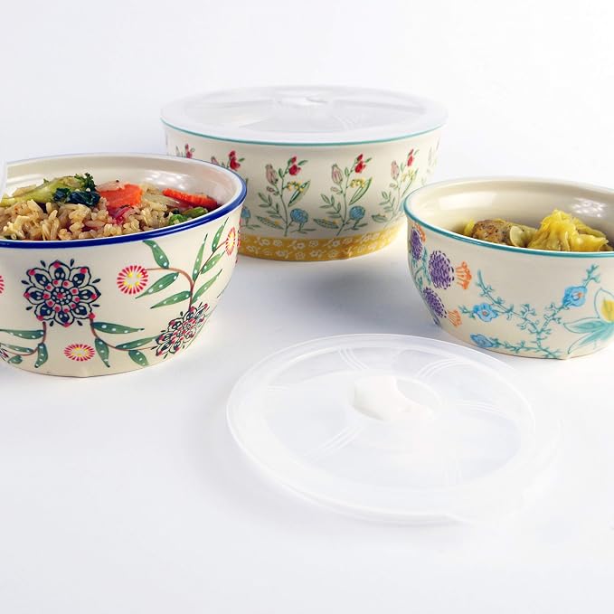 Euro Ceramica Ella 3 Piece Nesting Storage Bowls Set with Lids Assorted Multicolor Asian Floral Design, 82Fl oz
