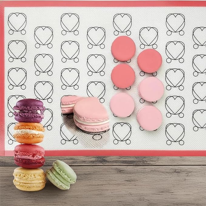 Silicone Macaron Baking Mat, 2 Pack, Non-Stick, Heart Pattern Template, 16.53 x 11.61 Inch, Pink Border, 0.7mm Thick, Professional Pastry Sheet