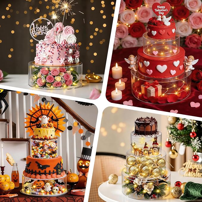SAMYUCHO Acrylic Cake Stand with Led Lights, 3 PCS Round Cake Riser | 6"Dx4"H 8"Dx4"H 10"Dx4"H, Tight Lid Design, DIY Decoration, Reusable Clear Display Cake Tier, For Party Wedding